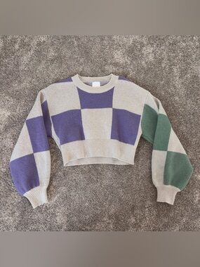 Girl Tribe Co Chunky Color block Check Crewneck Sweater in Beige, Purple & Green